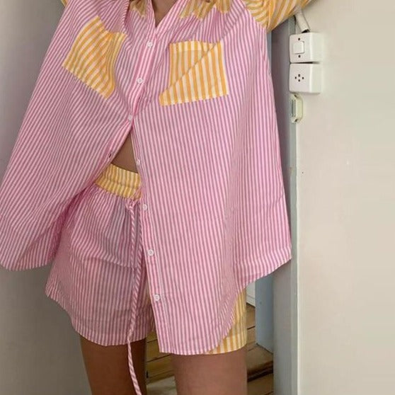 Loung Wear Tracksuit Women Shorts Set Stripe Long Sleeve Shirt Tops And Loose High Waisted Mini Shorts Two Piece Set 2021-Dollar Bargains Online Shopping Australia