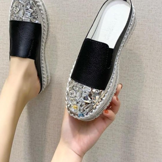 Crystals Round Toe Leather Flats Shoes Women Silver Bling Loafers Couple Platform Shoes Woman Flat With Students Size 43