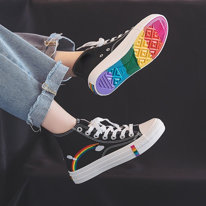 Vulcanized Shoes Woman Sneakers New Rainbow Retro Canvas Shoes Flat Fashion Comfortable High Shoes Women