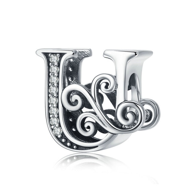 Silver Letter Vintage A to Z 26 Letter Charms Openwork CZ Alphabet Beads Fit Charm Bracelet BSC030