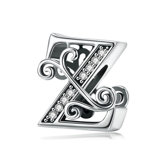 Silver Letter Vintage A to Z 26 Letter Charms Openwork CZ Alphabet Beads Fit Charm Bracelet BSC030