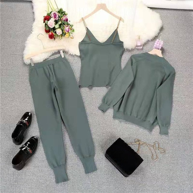 Autumn Knitted Women Sets Solid Sexy Vest Long Sleeve Zipper Cardigans Elastic Waist Pants 3pcs Sets Tracksuits Clothing Women-Dollar Bargains Online Shopping Australia