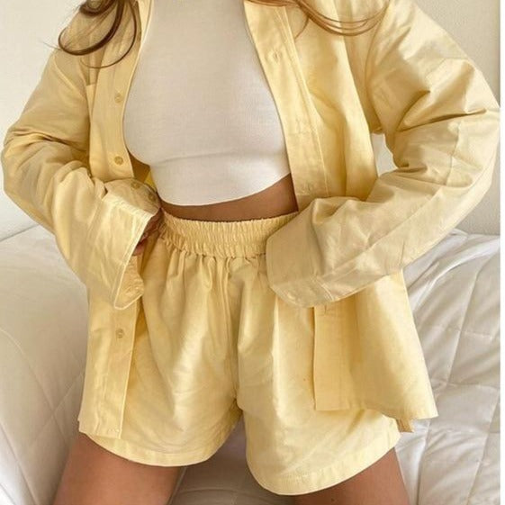 Loung Wear Tracksuit Women Shorts Set Stripe Long Sleeve Shirt Tops And Loose High Waisted Mini Shorts Two Piece Set 2021-Dollar Bargains Online Shopping Australia