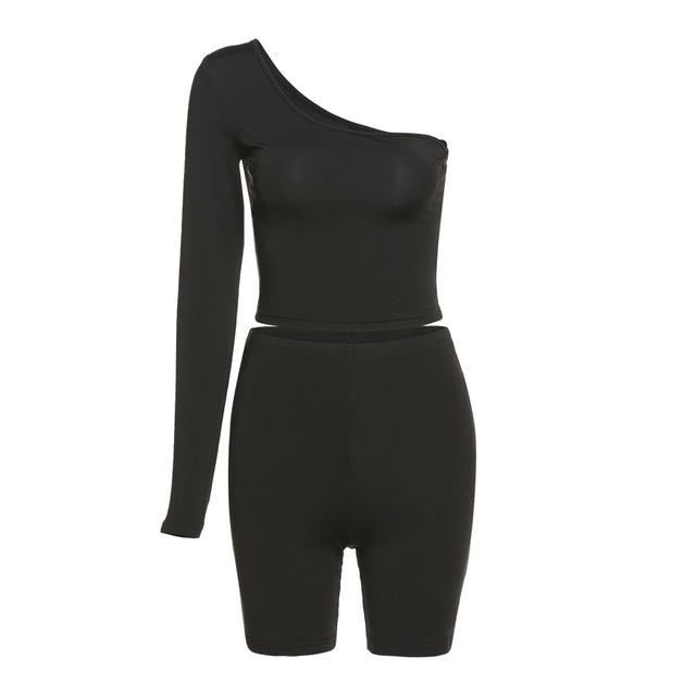 Solid Asymmetrical Two Piece Sets Women Tracksuit Crop Tops+Elastic Bike Shorts Sporty Matching Suits Casual Female Outfit-Dollar Bargains Online Shopping Australia