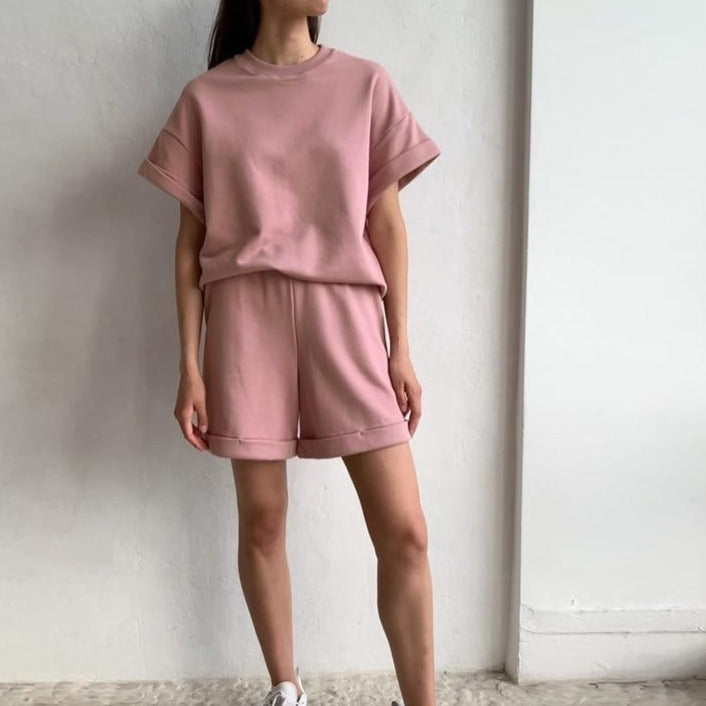 Cotton Sets Women Casual Two Pieces Short Sleeve T Shirts and High Waist Short Pants Solid Outfits Tracksuit-Dollar Bargains Online Shopping Australia