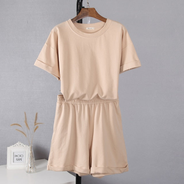 Cotton Sets Women Casual Two Pieces Short Sleeve T Shirts and High Waist Short Pants Solid Outfits Tracksuit-Dollar Bargains Online Shopping Australia