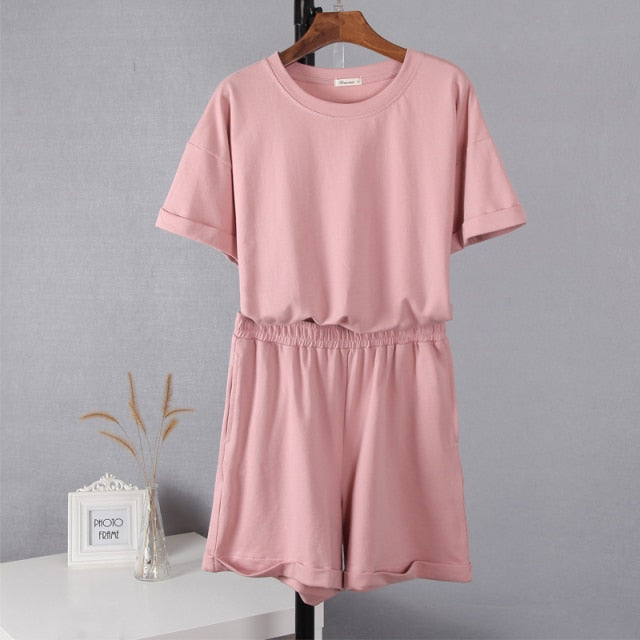 Cotton Sets Women Casual Two Pieces Short Sleeve T Shirts and High Waist Short Pants Solid Outfits Tracksuit-Dollar Bargains Online Shopping Australia