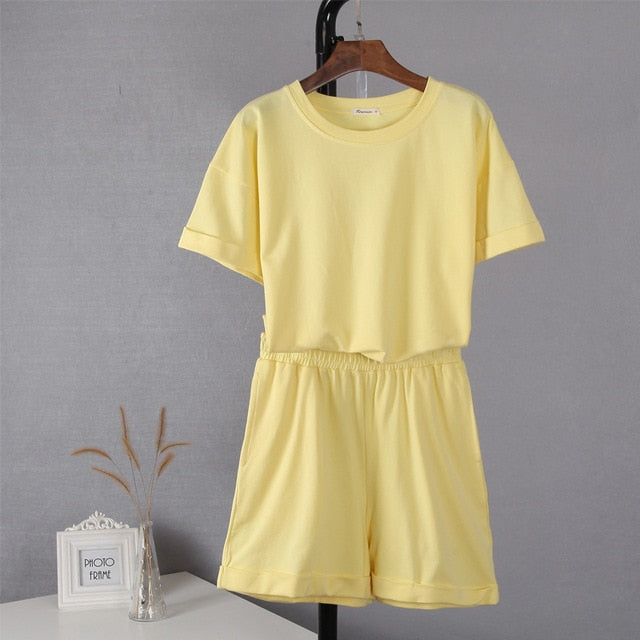Cotton Sets Women Casual Two Pieces Short Sleeve T Shirts and High Waist Short Pants Solid Outfits Tracksuit-Dollar Bargains Online Shopping Australia
