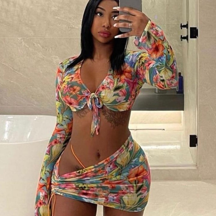 Floral Printed Mesh Sexy Top and Skirts Sets Summer Vacation Outfits 2021 Rave Party Club Wear Two Piece Set D85-CE11-Dollar Bargains Online Shopping Australia
