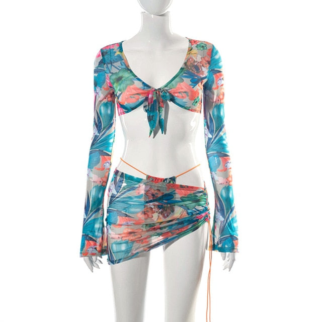 Floral Printed Mesh Sexy Top and Skirts Sets Summer Vacation Outfits 2021 Rave Party Club Wear Two Piece Set D85-CE11-Dollar Bargains Online Shopping Australia