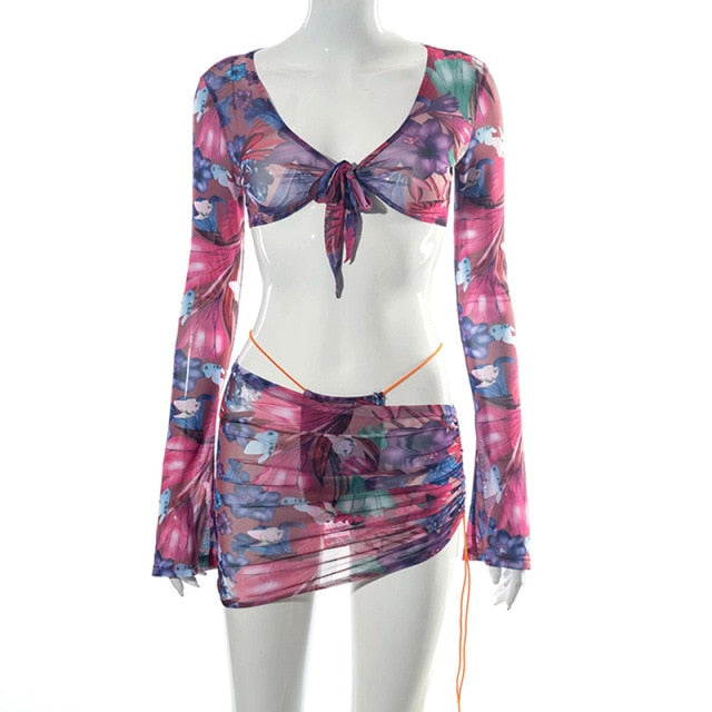 Floral Printed Mesh Sexy Top and Skirts Sets Summer Vacation Outfits 2021 Rave Party Club Wear Two Piece Set D85-CE11-Dollar Bargains Online Shopping Australia
