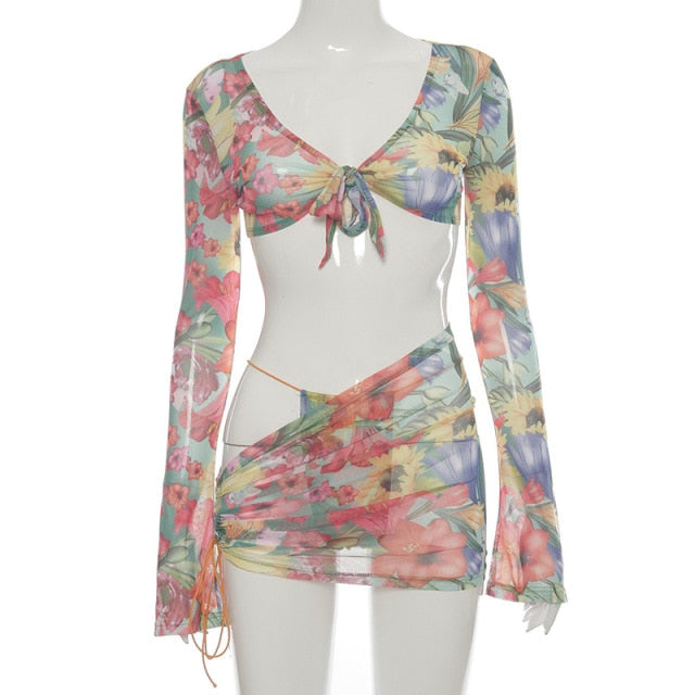 Floral Printed Mesh Sexy Top and Skirts Sets Summer Vacation Outfits 2021 Rave Party Club Wear Two Piece Set D85-CE11-Dollar Bargains Online Shopping Australia