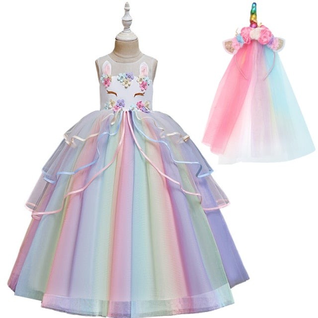 Unicorn rainbow wedding party dress girl birthday party Unicorn role dance performance dress