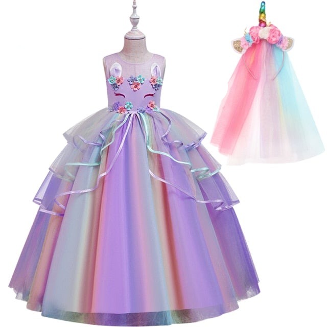 Unicorn rainbow wedding party dress girl birthday party Unicorn role dance performance dress