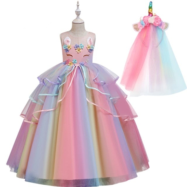 Unicorn rainbow wedding party dress girl birthday party Unicorn role dance performance dress