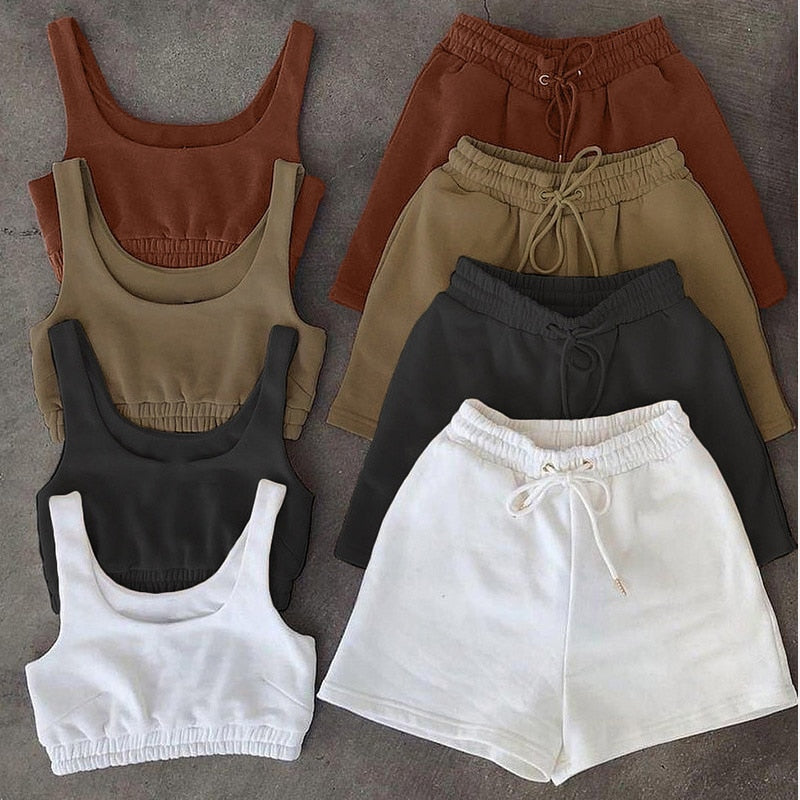 Casual Solid Sportswear Two Piece Sets Women Crop Top And Drawstring Shorts Matching Set Summer Athleisure Outfits-Dollar Bargains Online Shopping Australia