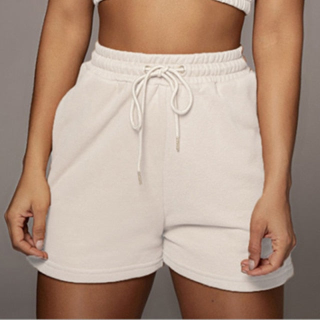 Casual Solid Sportswear Two Piece Sets Women Crop Top And Drawstring Shorts Matching Set Summer Athleisure Outfits-Dollar Bargains Online Shopping Australia