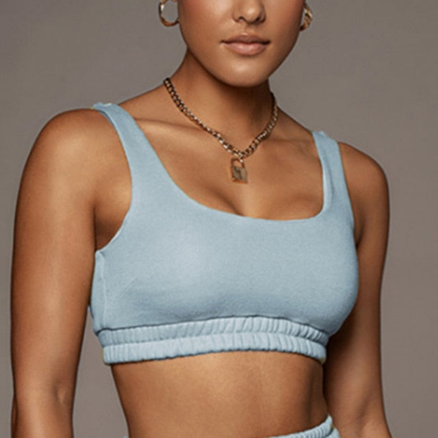 Casual Solid Sportswear Two Piece Sets Women Crop Top And Drawstring Shorts Matching Set Summer Athleisure Outfits-Dollar Bargains Online Shopping Australia