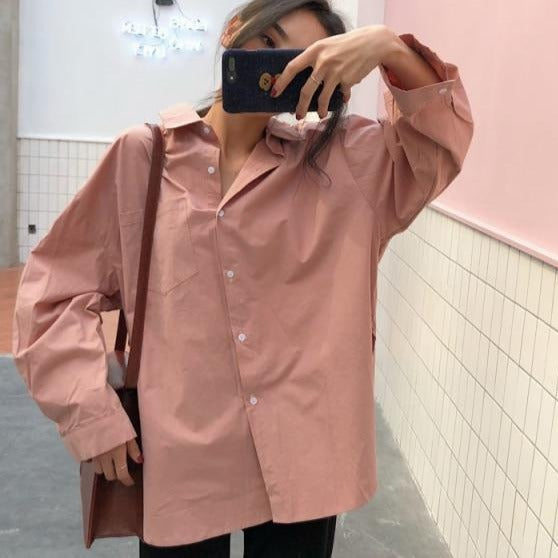 Women Shirts White Plain Loose Oversized Blouses Female Tops Loose BF Korean Style Pockets-Dollar Bargains Online Shopping Australia