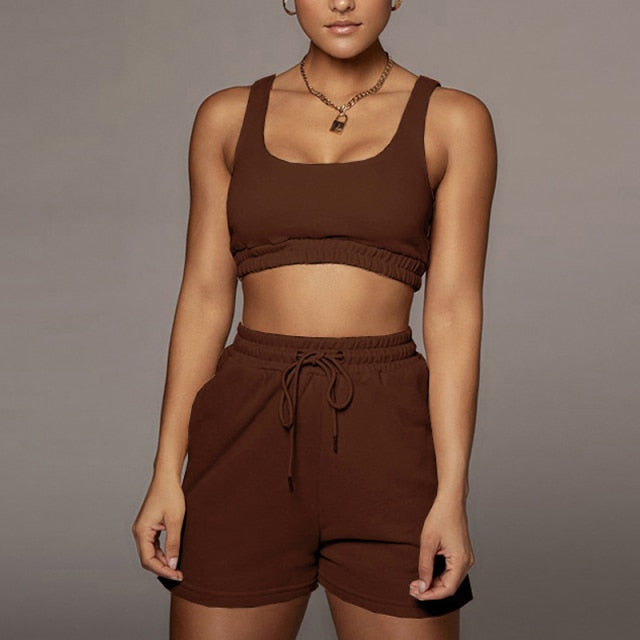 Casual Solid Sportswear Two Piece Sets Women Crop Top And Drawstring Shorts Matching Set Summer Athleisure Outfits-Dollar Bargains Online Shopping Australia