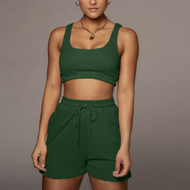 Casual Solid Sportswear Two Piece Sets Women Crop Top And Drawstring Shorts Matching Set Summer Athleisure Outfits-Dollar Bargains Online Shopping Australia