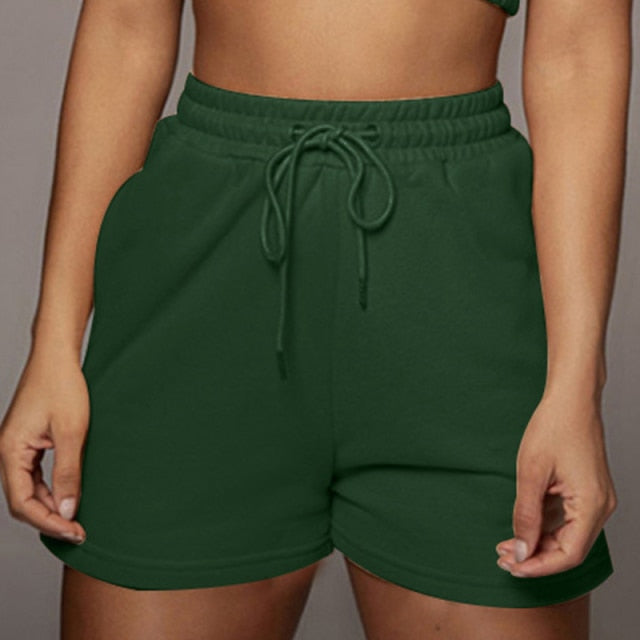 Casual Solid Sportswear Two Piece Sets Women Crop Top And Drawstring Shorts Matching Set Summer Athleisure Outfits-Dollar Bargains Online Shopping Australia
