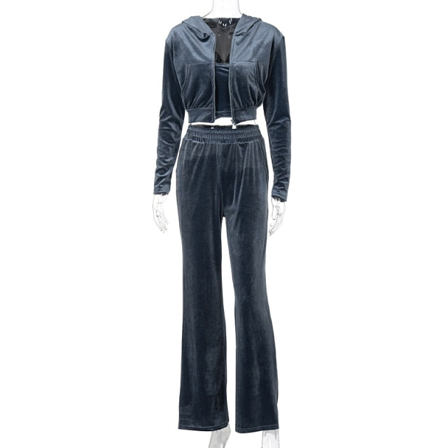 Velvet Women 3 Piece Set Hoodie Sweatshirt Zipper Tube Crop Top High Waist Wide Leg Pants Tracksuit Sporty Casual Outfit-Dollar Bargains Online Shopping Australia