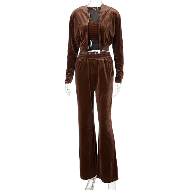 Velvet Women 3 Piece Set Hoodie Sweatshirt Zipper Tube Crop Top High Waist Wide Leg Pants Tracksuit Sporty Casual Outfit-Dollar Bargains Online Shopping Australia