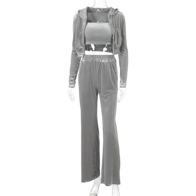 Velvet Women 3 Piece Set Hoodie Sweatshirt Zipper Tube Crop Top High Waist Wide Leg Pants Tracksuit Sporty Casual Outfit-Dollar Bargains Online Shopping Australia