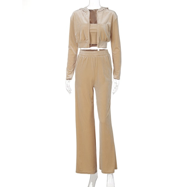 Velvet Women 3 Piece Set Hoodie Sweatshirt Zipper Tube Crop Top High Waist Wide Leg Pants Tracksuit Sporty Casual Outfit-Dollar Bargains Online Shopping Australia