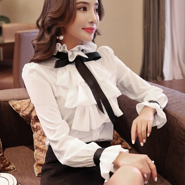 Women blouse tops White Ruffles Bow Long Sleeve Chiffon Blouse 2021 New Work Wear Office Blusas Femininas ladies shirt 570A-Dollar Bargains Online Shopping Australia