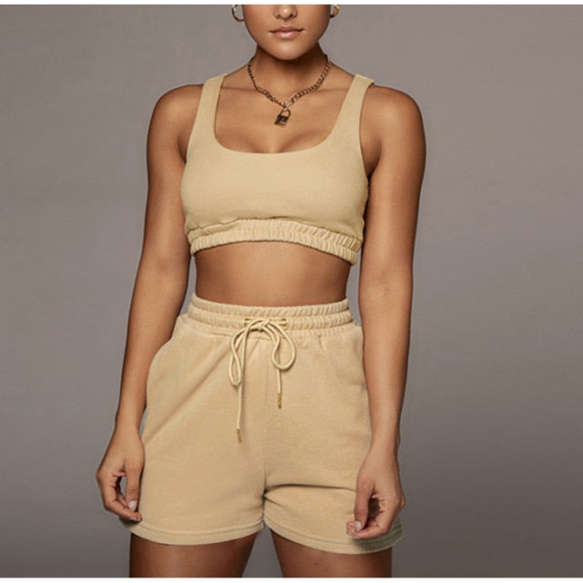 Casual Solid Sportswear Two Piece Sets Women Crop Top And Drawstring Shorts Matching Set Summer Athleisure Outfits-Dollar Bargains Online Shopping Australia