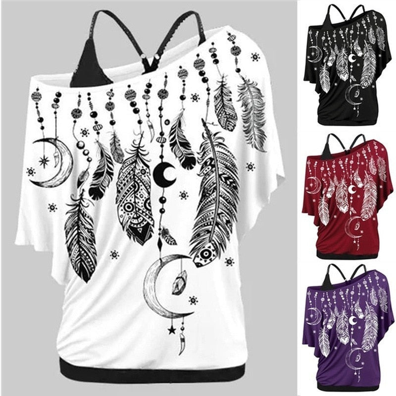 Women Shirts Blouses Feather Print One Shoulder Top Casual Ladies Sexy Tops Skew Neck Shirts Blouse-Dollar Bargains Online Shopping Australia