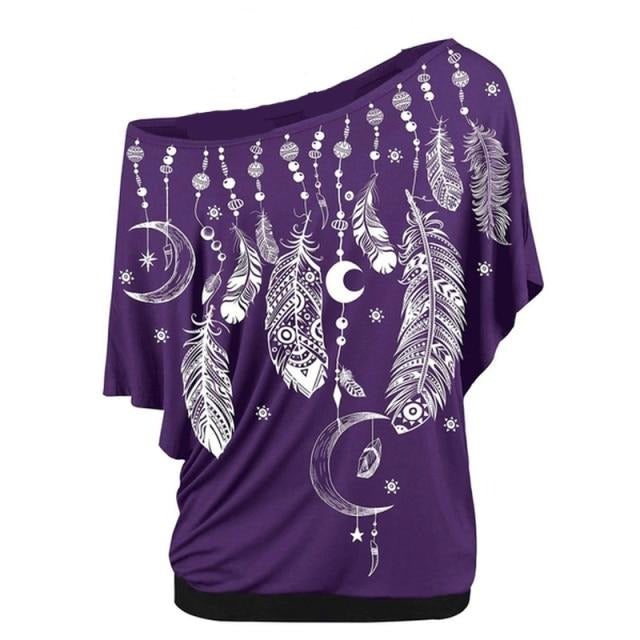 Women Shirts Blouses Feather Print One Shoulder Top Casual Ladies Sexy Tops Skew Neck Shirts Blouse-Dollar Bargains Online Shopping Australia