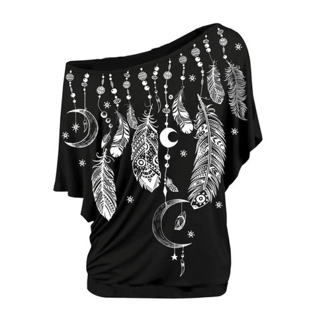 Women Shirts Blouses Feather Print One Shoulder Top Casual Ladies Sexy Tops Skew Neck Shirts Blouse-Dollar Bargains Online Shopping Australia