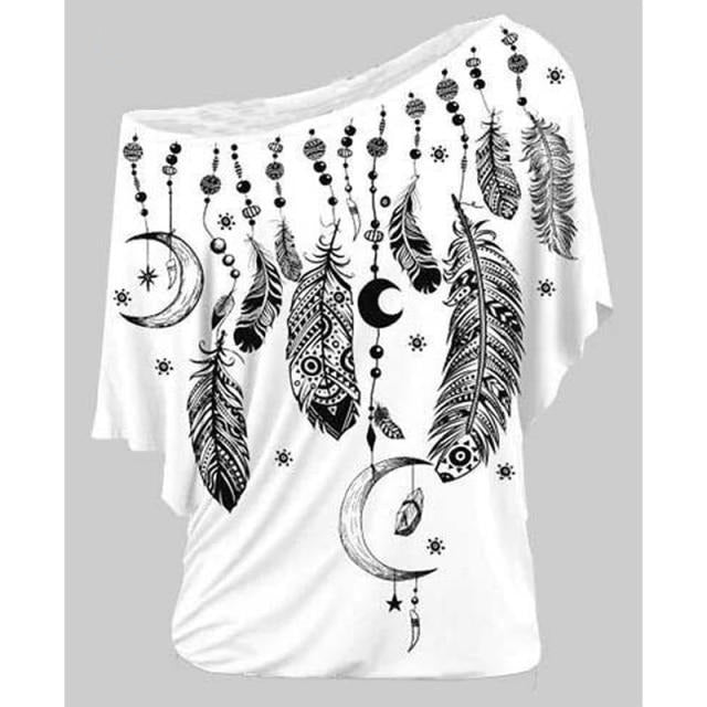 Women Shirts Blouses Feather Print One Shoulder Top Casual Ladies Sexy Tops Skew Neck Shirts Blouse-Dollar Bargains Online Shopping Australia