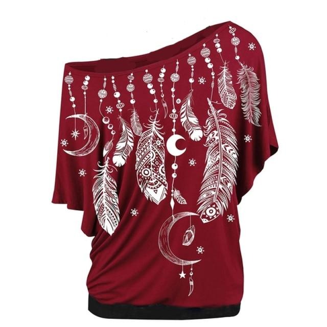 Women Shirts Blouses Feather Print One Shoulder Top Casual Ladies Sexy Tops Skew Neck Shirts Blouse-Dollar Bargains Online Shopping Australia