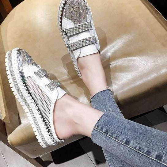 Crystals Round Toe Leather Flats Shoes Women Silver Bling Loafers Couple Platform Shoes Woman Flat With Students Size 43