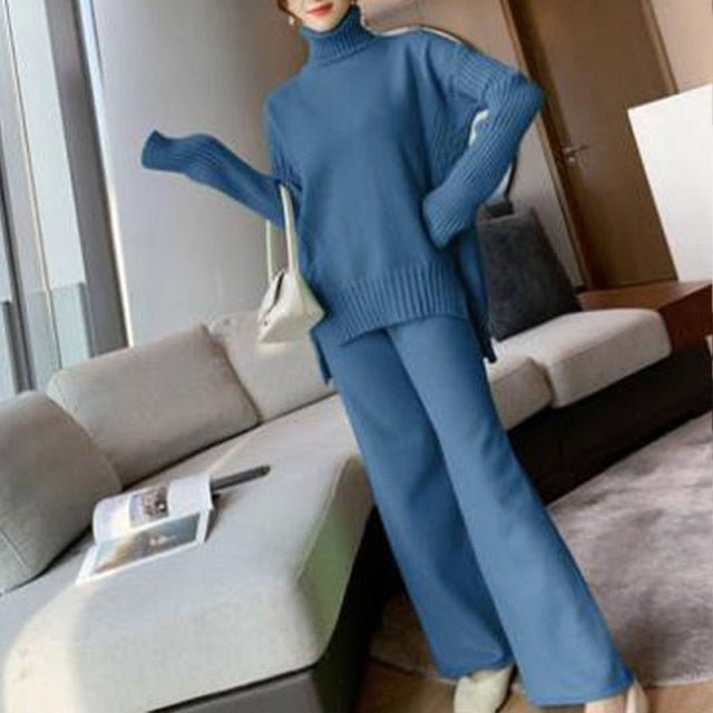 Sweater set women tracksuit spring autumn knitted suits 2 piece set warm turtleneck sweater pullovers wide legs pants-Dollar Bargains Online Shopping Australia