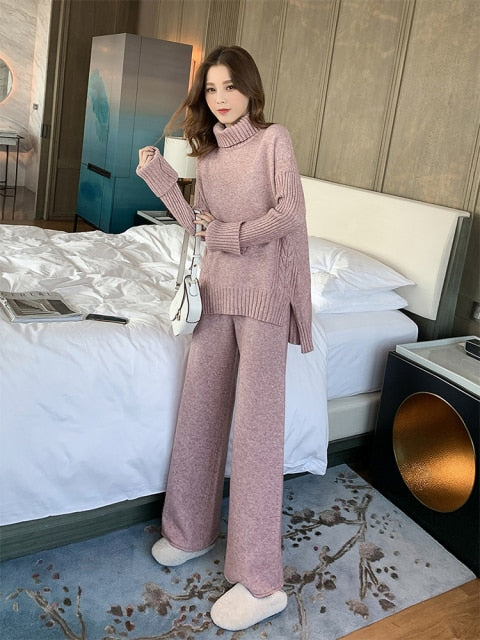Sweater set women tracksuit spring autumn knitted suits 2 piece set warm turtleneck sweater pullovers wide legs pants-Dollar Bargains Online Shopping Australia