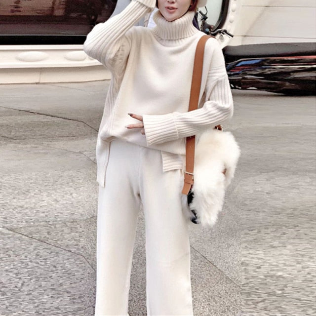 Sweater set women tracksuit spring autumn knitted suits 2 piece set warm turtleneck sweater pullovers wide legs pants-Dollar Bargains Online Shopping Australia