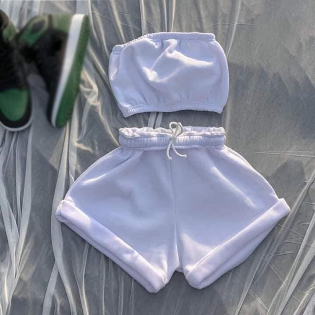 Casual Solid Sportswear Two Piece Sets Women Crop Top And Drawstring Shorts Matching Set Summer Athleisure Outfits-Dollar Bargains Online Shopping Australia