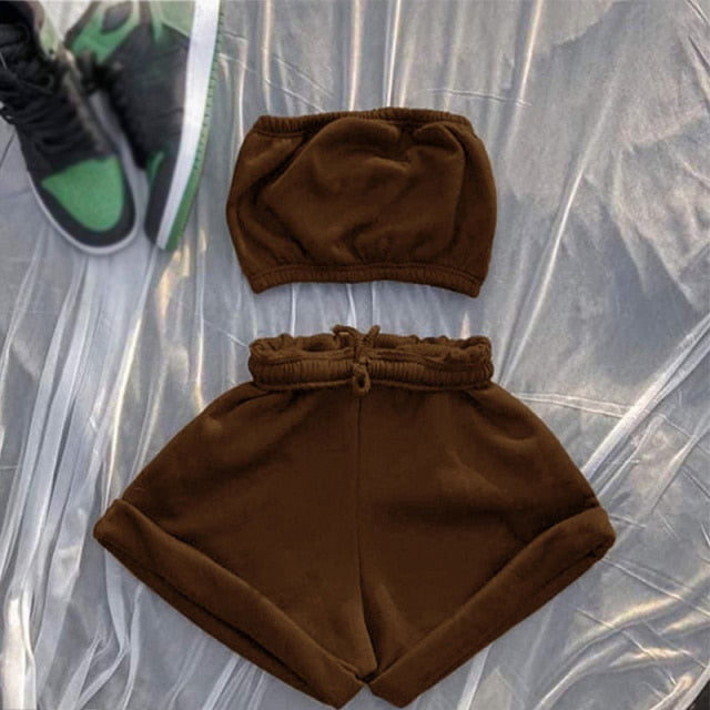Casual Solid Sportswear Two Piece Sets Women Crop Top And Drawstring Shorts Matching Set Summer Athleisure Outfits-Dollar Bargains Online Shopping Australia