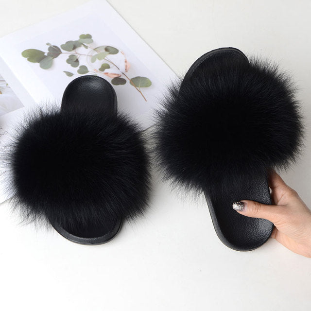 Women Summer Casual Fluffy Slippers With Fur Flat Non-Slip Real Fox Fur Furry Slides Large Size Shoes Fur Sandals