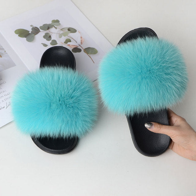Women Summer Casual Fluffy Slippers With Fur Flat Non-Slip Real Fox Fur Furry Slides Large Size Shoes Fur Sandals
