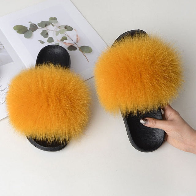 Women Summer Casual Fluffy Slippers With Fur Flat Non-Slip Real Fox Fur Furry Slides Large Size Shoes Fur Sandals