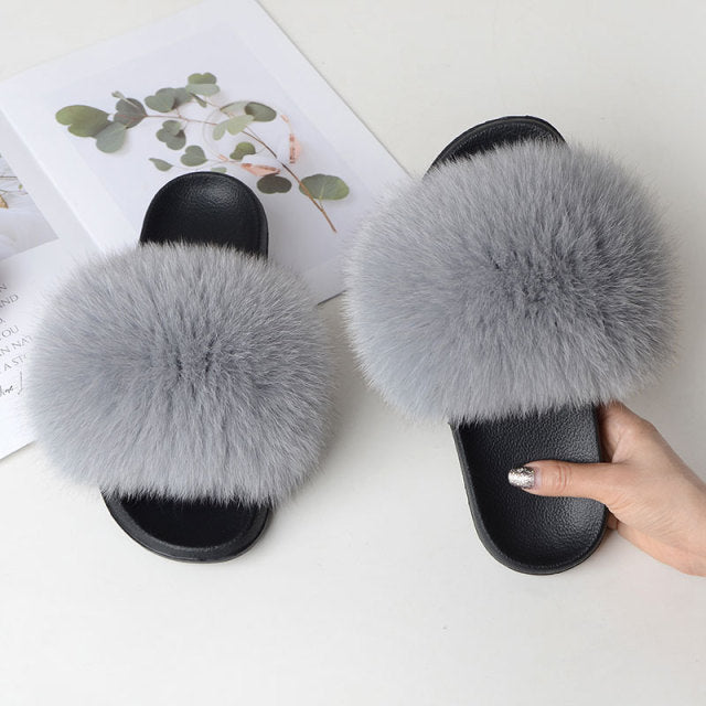 Women Summer Casual Fluffy Slippers With Fur Flat Non-Slip Real Fox Fur Furry Slides Large Size Shoes Fur Sandals