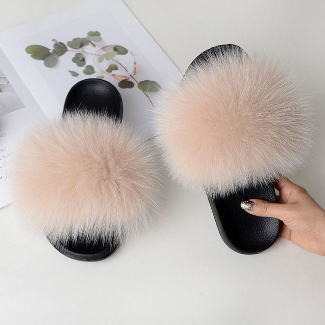 Women Summer Casual Fluffy Slippers With Fur Flat Non-Slip Real Fox Fur Furry Slides Large Size Shoes Fur Sandals