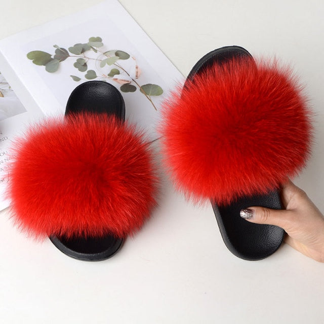 Women Summer Casual Fluffy Slippers With Fur Flat Non-Slip Real Fox Fur Furry Slides Large Size Shoes Fur Sandals