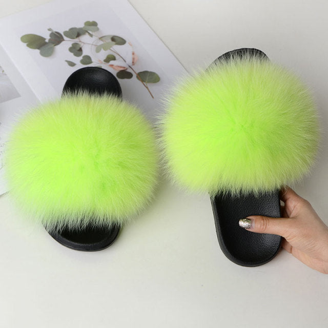 Women Summer Casual Fluffy Slippers With Fur Flat Non-Slip Real Fox Fur Furry Slides Large Size Shoes Fur Sandals
